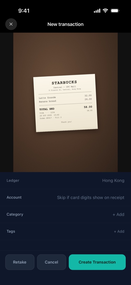 Aurora on iOS: a receipt photo, ready to become a new transaction