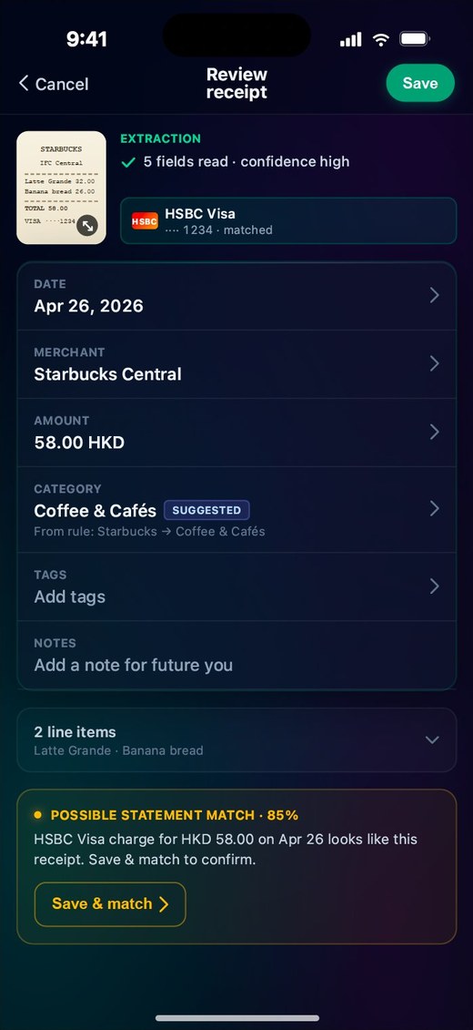 Aurora AI receipt review with extraction, suggested category and statement match